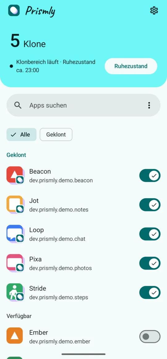 Hauptseite von Prismly: 5 Klone, Klonbereich läuft