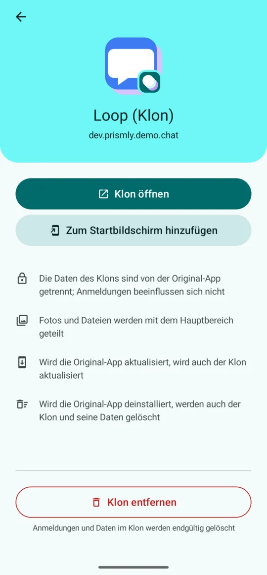 Klon-Details: Klon öffnen, Zum Startbildschirm hinzufügen, Klon entfernen