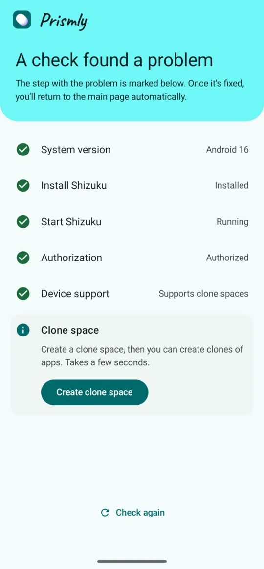 Setup checklist: results of each check