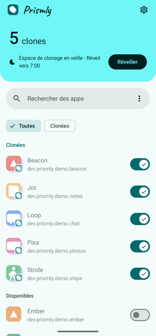 Page d'accueil de Prismly : espace de clonage en veille, réveil vers 7:00
