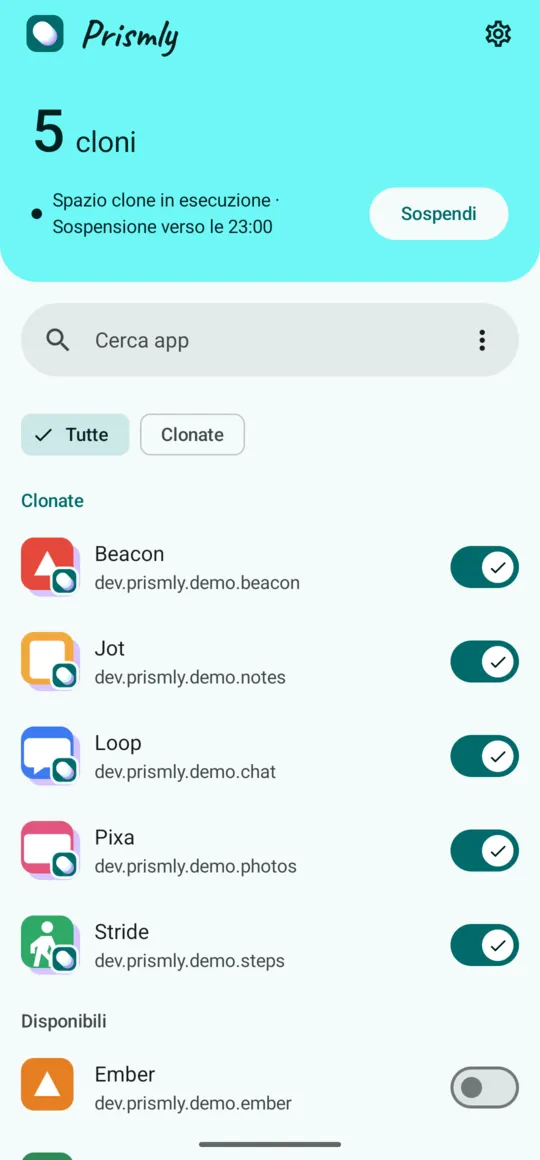 Pagina principale di Prismly: 5 cloni, spazio clone in esecuzione