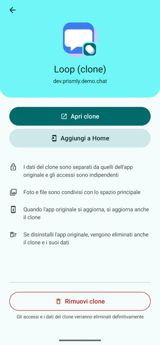 Dettagli del clone: Apri clone, Aggiungi a Home, Rimuovi clone